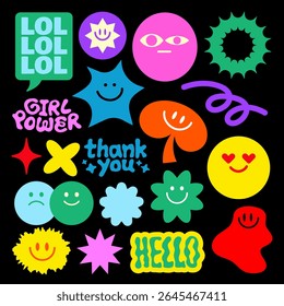 Colorful stickers with smiley faces, stars, and text like 'LOL', 'Girl Power', 'Thank You', and 'Hello' Bright, playful designs with various shapes and expressions Funky stickers, vector set