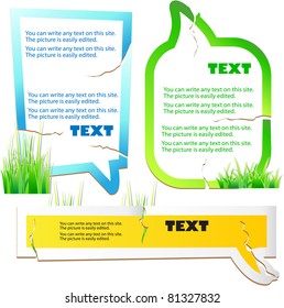 Colorful stickers for speech. Green grass. Natural background