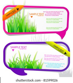 Colorful stickers for speech. Green grass. Natural background