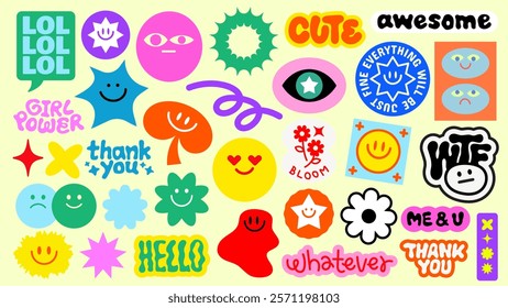 Colorful stickers with words like 'cute', 'awesome', 'thank you', and 'hello' Fun designs with smiley faces, stars, and flowers Bright and playful stickers Funky stickers, vector set