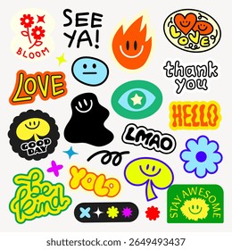 Colorful stickers with words like 'love', 'hello', 'thank you', 'be kind', and 'stay awesome' Smiley faces and playful designs add fun and positivity Funky stickers, vector set