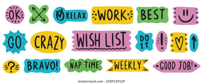 Colorful stickers work words and phrases doodle funny set. Doodle style vector clipart. Vector illustration