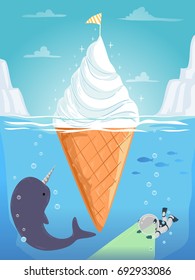 Colorful Stickman Illustration Featuring a Kid in a Diving Suit Swimming Towards a Narwhal Playing Near a Sundae Like Iceberg
