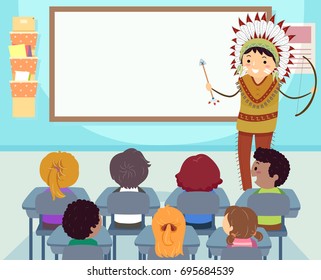 Colorful Stickman Illustration Featuring a Teacher Dressed Like a Native American Teaching Kids Their History