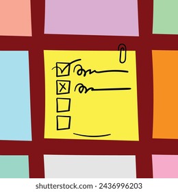 Colorful sticky note with pin on red background