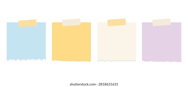 Colorful sticky note set. Blank paper memo pads with tape and ripped deckled edges. Professional vector design.