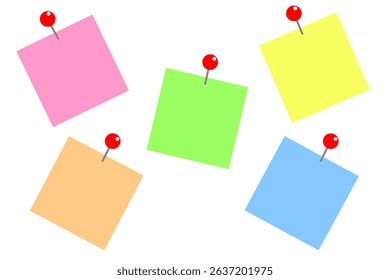 Colorful sticky notes arranged on a white background in a creative display showing different pastel colors and push pins