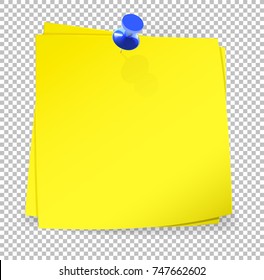 Colorful sticky notes attached with blue pin on transparent background. Vector Illustration