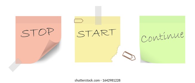 Colorful sticky notes to be used by agile development teams for retrospective evaluation. Vector Illustration