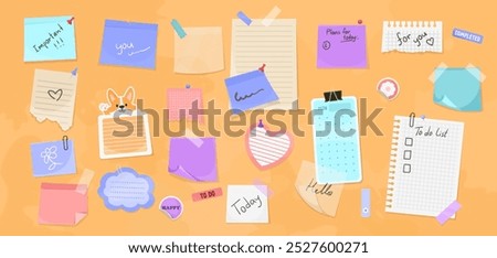 Colorful sticky notes and a calendar on a bright background. Vector illustration