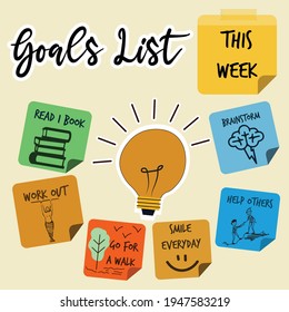 colorful sticky notes goals list ideas with lamp in center 