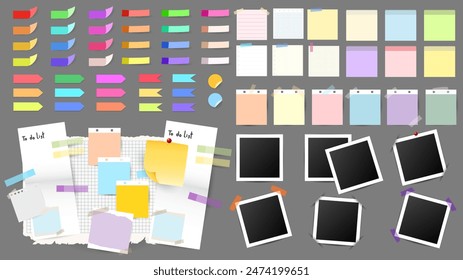 Colorful Sticky Notes and Labels Collection with pin and post it, on gray background, Notepaper meeting reminder, Flat Modern design , illustration Vector EPS 10 