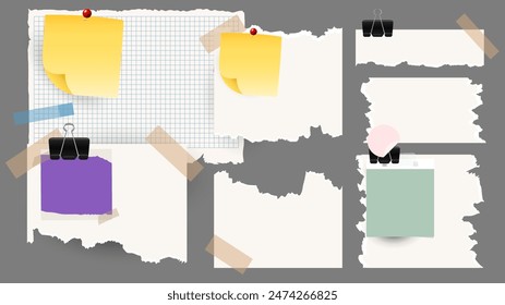 Colorful Sticky Notes and Labels Collection with pin and post it, on gray background, Notepaper meeting reminder, Flat Modern design , illustration Vector EPS 10 