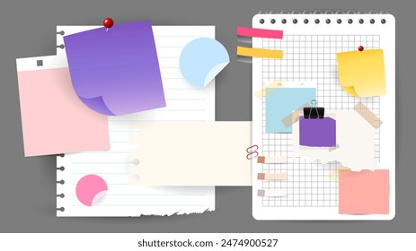 Colección de notas y etiquetas adhesivas coloridas con pin y publicarlo, sobre fondo gris, recordatorio de reunión de papel, diseño plano moderno, ilustración Vector EPS 10 
