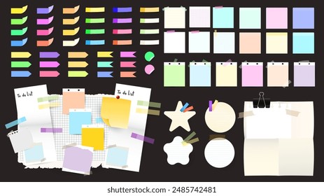 Colorful Sticky Notes and Labels Collection with pin and post it, on black background, Notepaper meeting reminder, Flat Modern design , illustration Vector EPS 10 