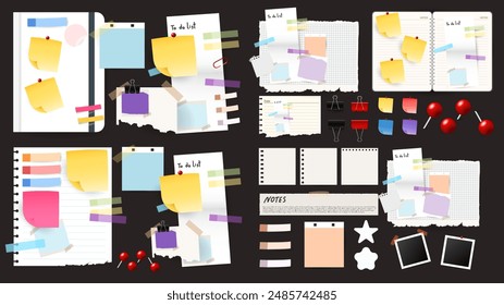 Colorful Sticky Notes and Labels Collection with pin and post it, on black background, Notepaper meeting reminder, Flat Modern design , illustration Vector EPS 10 