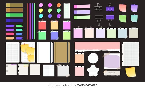Colorful Sticky Notes and Labels Collection with pin and post it, on black background, Notepaper meeting reminder, Flat Modern design , illustration Vector EPS 10 