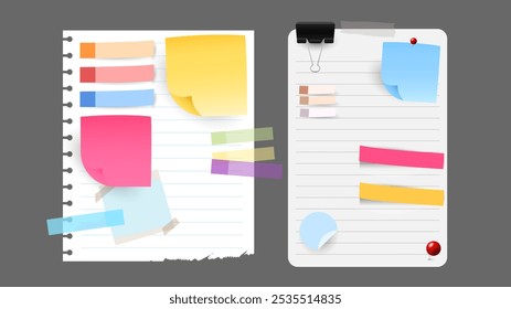 Colorful Sticky Notes and Labels Collection with pin and post it, on gray background, Notepaper meeting reminder, Flat Modern design , illustration Vector EPS 10