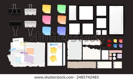 Colorful Sticky Notes and Labels Collection with pin and post it, on black background, Notepaper meeting reminder, Flat Modern design , illustration Vector EPS 10 