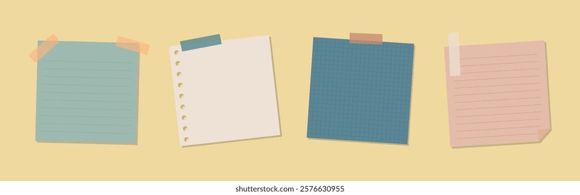 Colorful sticky notes on a beige background. Sticky notes in blue, pink, and white. Sticky notes with tape. Sticky notes for reminders and messages. Memo element vector set.