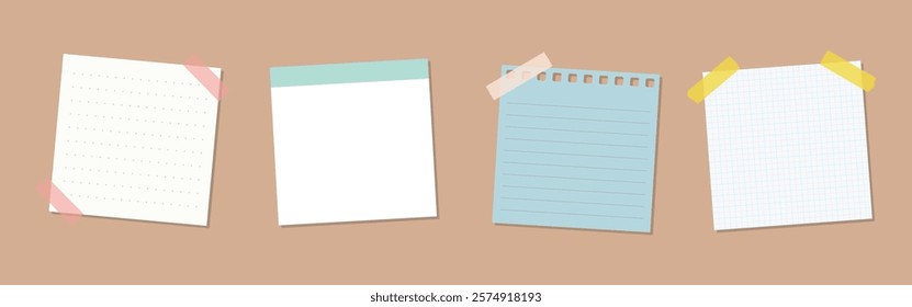 Colorful sticky notes on a brown background. Sticky notes in pink, blue, and yellow. Notes with lines, grids, and plain designs. Sticky notes for reminders. Memo element vector set.