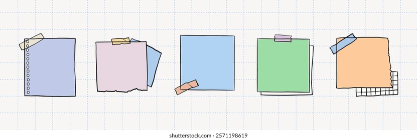 Colorful sticky notes on a grid background. Sticky notes in blue, green, orange, and purple. Sticky notes for reminders, lists, and organization. Memo element vector set.