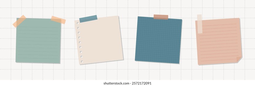 Colorful sticky notes on a grid background. Sticky notes in pastel colors. Notes for reminders. Sticky notes for organization. Memo element vector set.