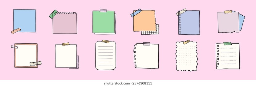 Colorful sticky notes on a pink background. Sticky notes in various colors: blue, green, orange. Sticky notes with tape. Sticky notes for reminders. Memo element vector set.