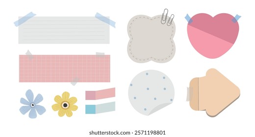 Colorful sticky notes and paper cutouts in various shapes: heart, flower, and more. Includes lined, polka dot, and grid patterns. Decorative and playful design. Cute vector set.