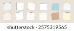 Colorful sticky notes and paper sheets in various shapes and sizes. Sticky notes and paper sheets for reminders and notes. Perfect for office or school use. Memo element vector set.