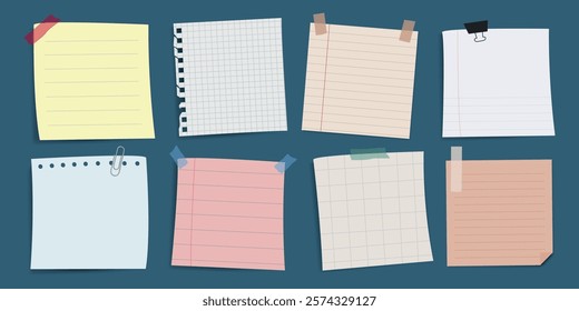 Colorful sticky notes and paper sheets. Sticky notes in various colors. Paper sheets with tape. Sticky notes and paper for reminders. Sticky notes collection. Pastel set with copy space. Vectors.