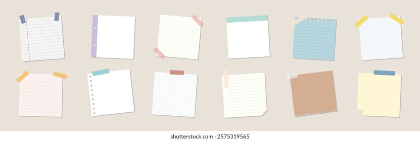 Colorful sticky notes and paper sheets in various shapes and sizes. Sticky notes and paper sheets for reminders and notes. Perfect for office or school use. Memo element vector set.