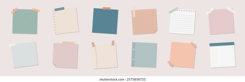 Colorful sticky notes and paper sheets in various shapes and sizes. Sticky notes in pastel colors. Paper sheets with tape. Sticky notes and paper sheets for reminders. Memo element vector set.
