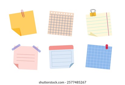 Colorful sticky notes and paper sheets in various styles, attached with clips, tape, and pins on a white background. Concept of stationery design. Vector illustration