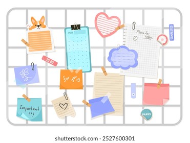 Colorful sticky notes and reminders on a bulletin board. Vector illustration