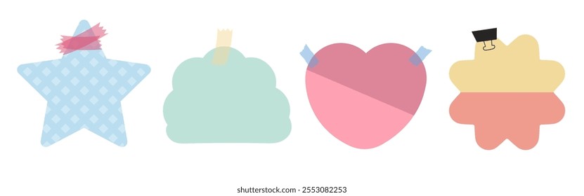 Colorful sticky notes in star, cloud, heart, and flower shapes. Sticky notes for reminders. Star, cloud, heart, flower sticky notes for creative use. Cute pastel memo, element set. Vectors.