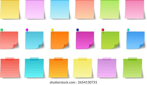 Notas pegajosas coloridas y tachuelas en la Ilustración vectorial de fondo blanco, sistema de la etiqueta engomada de la oficina, Plantilla pegajosa en blanco de la nota