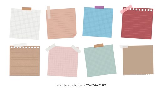 Colorful sticky notes in various shades, including red, blue, and beige. Sticky notes are taped and pinned, ideal for reminders and notes. Sticky notes for organization. Memo elements, vector set.