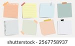 Colorful sticky notes in various shapes and sizes, featuring lined, grid, and plain designs. Sticky notes with tape and clips for office or school use. Pastel element set with copy space. Vectors.