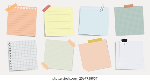 Colorful sticky notes in various shapes and sizes, featuring lined, grid, and plain designs. Sticky notes with tape and clips for office or school use. Pastel element set with copy space. Vectors.