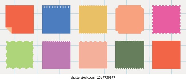 Colorful sticky notes in various shapes and colors on a grid background. Sticky notes in pink, blue, green, and orange. Perfect for organizing with sticky notes. Memo element vector set.