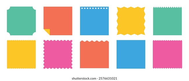 Colorful sticky notes in various shapes and colors, including blue, yellow, pink, and orange. Sticky notes for reminders and organization. Vibrant sticky notes for office use. Memo element vector set.
