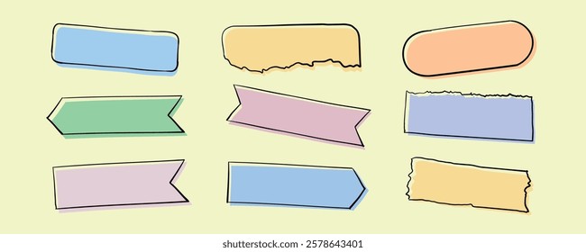 Colorful sticky notes in various shapes: rectangles, arrows, and ovals. Pastel colors include pink, blue, green, and yellow. Ideal for creative projects. Isolated illustrations, element vector set.