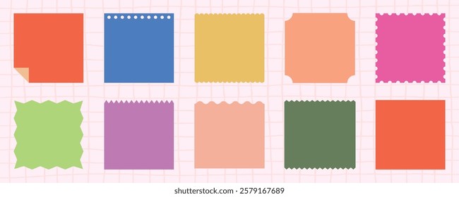 Colorful sticky notes in various shapes and colors. Sticky notes include orange, blue, yellow, pink, and green. Decorative sticky notes for creative use. Memo element vector set.