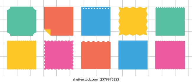 Colorful sticky notes in various shapes and colors on a grid background. Sticky notes include pink, blue, yellow, and green. Perfect for reminders and notes. Memo element vector set.