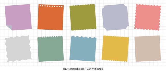 Colorful sticky notes in various shapes on a grid background. Sticky notes in pink, orange, green, blue, and yellow. Sticky notes for reminders and organization. Memo element vector set.