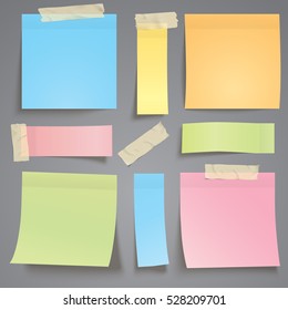 Colorful sticky paper note with adhesive tape isolated on grey background vector illustration