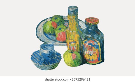 Colorful still life painting with apples, bottles, and a bowl. Vibrant apples and bottles create a lively composition. Artistic apples and bottles in a still life. Vintage art vector element.