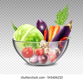 Colorful still life painting with vegetables in glass bowl on transparent background in realistic style vector illustration