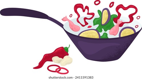 Colorful stir fry in wok, sizzling vegetables and chicken. Fresh ingredients cooking in pan, spicy food preparation. Culinary delights, homemade dinner vector illustration.
